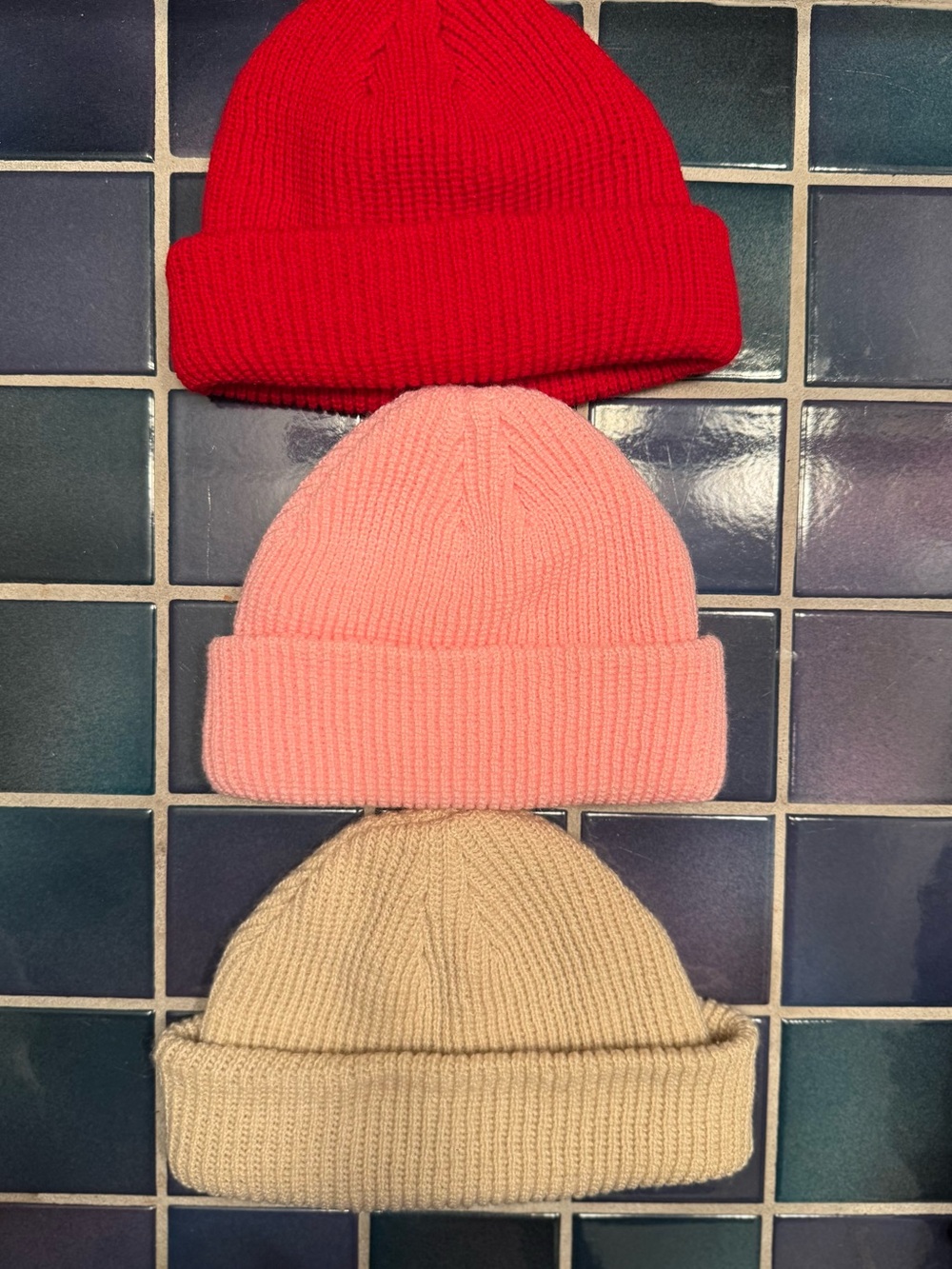 Kids Ribbed Knit Beanie - Red, Pink, Cream